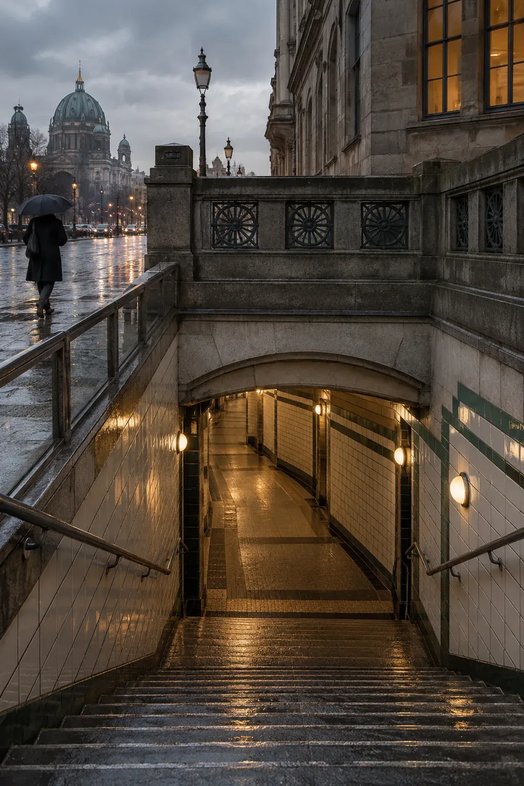 Sample image of a rain-darkened stairway descending into a Berlin station